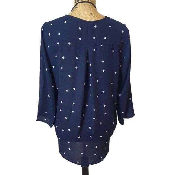 Charter Club Womens Navy Blouse M Hi Low White Diamond Elegant Office Regency - Picture 2 of 7